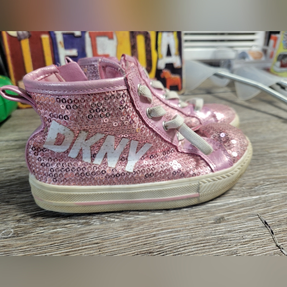 DKNY Pink Sparkly Sneakers with White Soles Youth Size 9 Toddler
